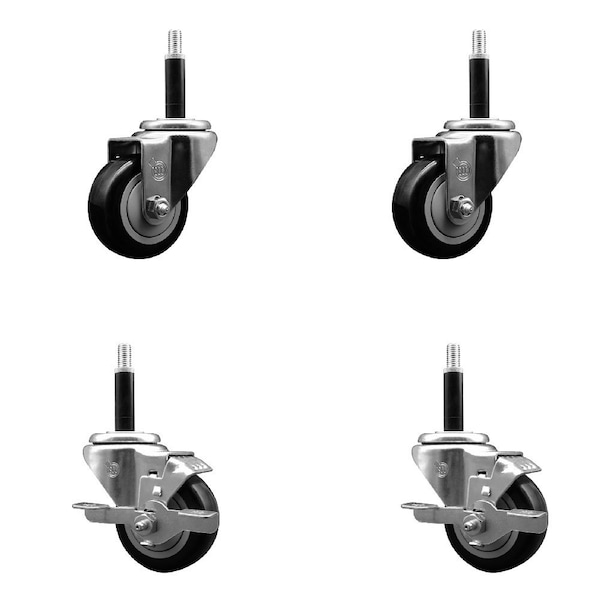 Service Caster 3'' SS Black Poly Wheel Swivel 3/4'' Expanding Stem Caster Set 2 Brakes, 4PK SCC-SSEX20S314-PPUB-BLK-2-TLB-2-34 - main